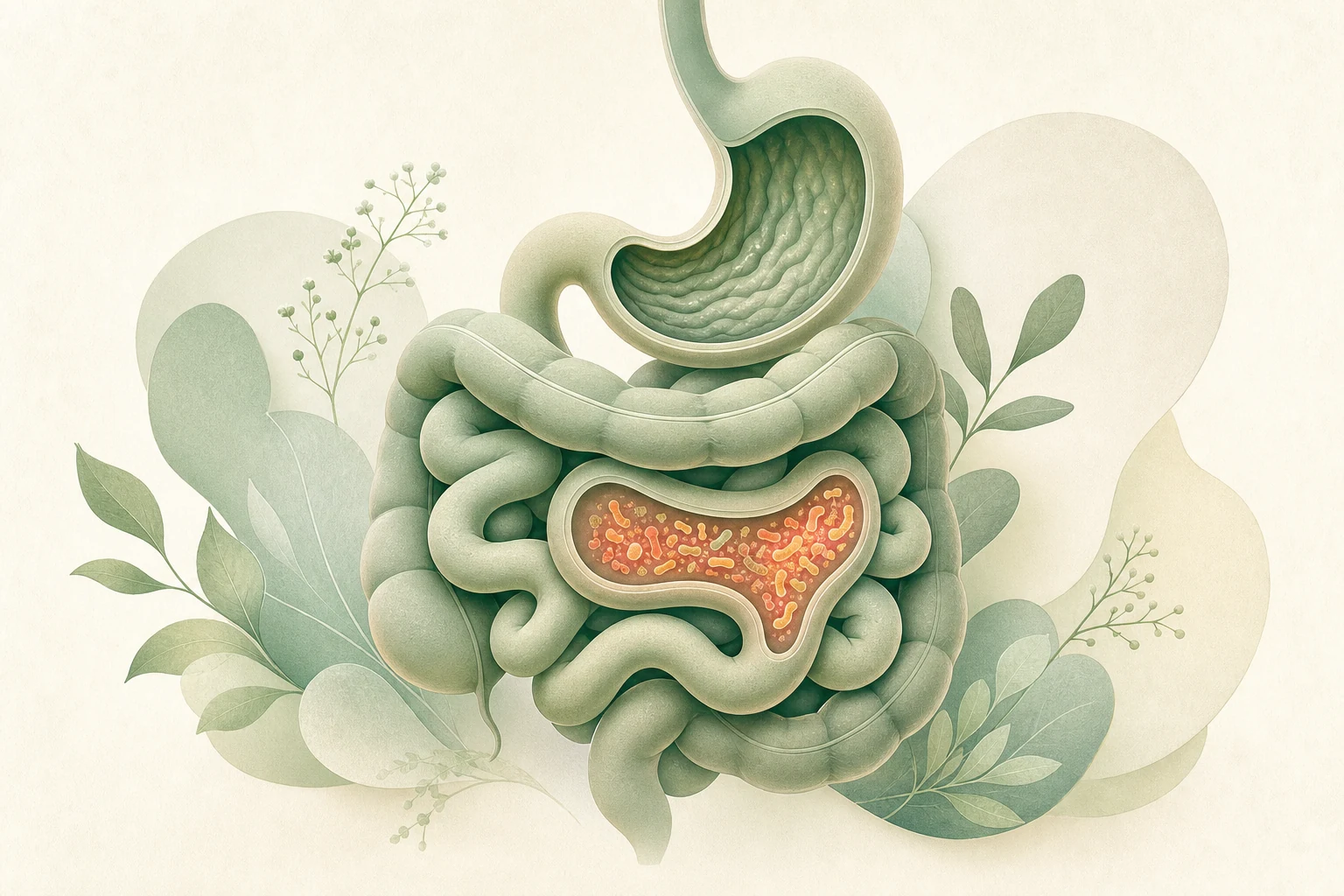 Illustration of the small intestine with a localized cluster of bacteria in one loop